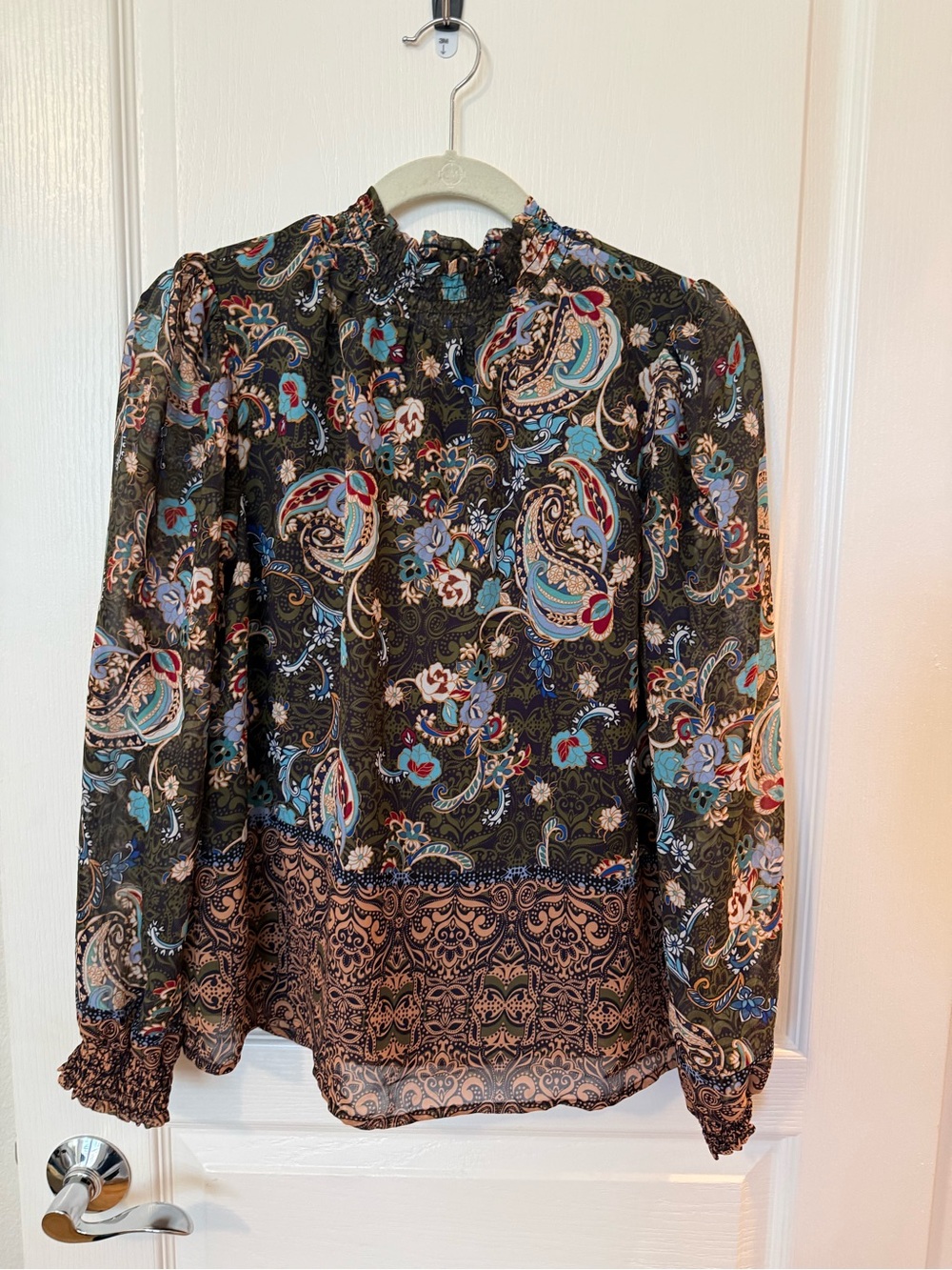 fig‎ and flower Black Paisley Floral Mock-Neck Blouse with Blue & Cream Accents
